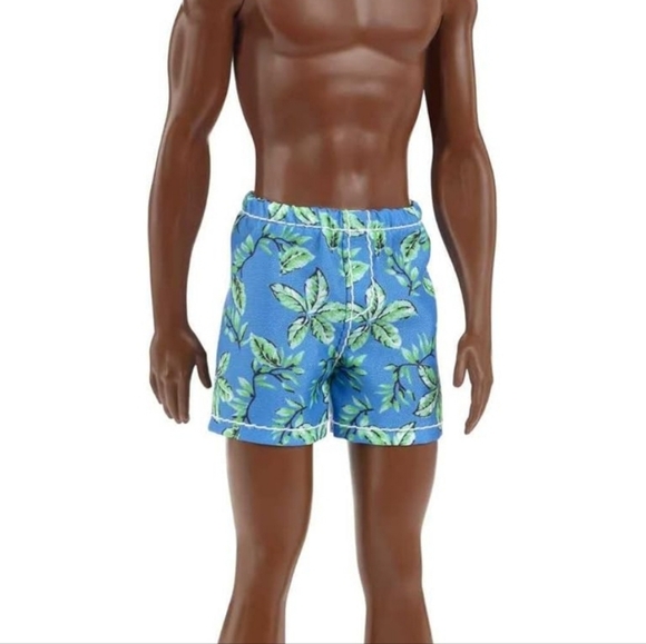 BARBIE KEN BEACH DOLL WITH DARK HAIR AND Blue TROPICAL SWIM TRUNKS NWT - Picture 1 of 9